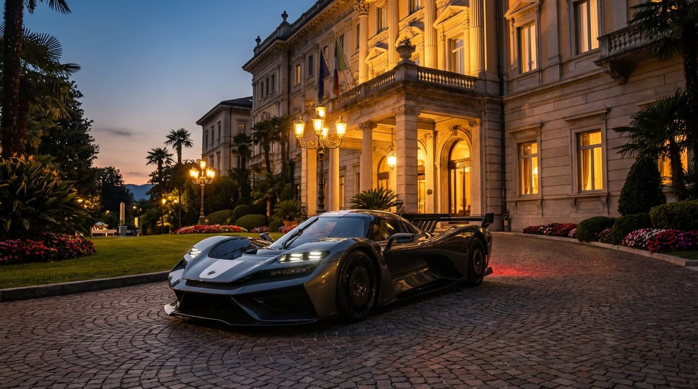 LM1 in front of an Italian castle at dusk